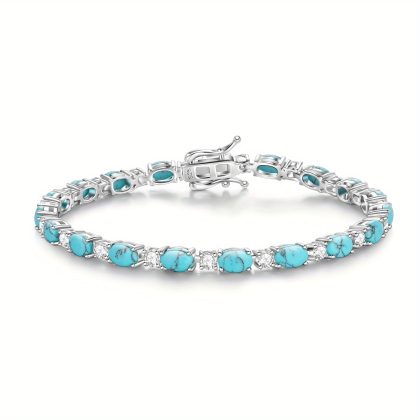 Turquoise Bracelet Sterling Silvery Tennis Bracelet Charms Fine Jewelry Birthday Jewelry Women's Mother's Day Gift, Valentine's Day Gift, Complimentary Fine Gift Box